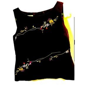 Vintage Jennifer Eden Linen Like Embroidered Black Top Floral sleeveless Sz 12